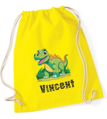 Turnbeutel, Schuhbeutel, Sportbeutel für Kinder, bedruckt Dinosaurier Rex und personalisierbar mit Namen, große Farbauswahl, Kita, Geschenk