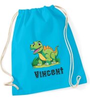 Turnbeutel, Schuhbeutel, Sportbeutel für Kinder, bedruckt Dinosaurier Rex und personalisierbar mit Namen, große Farbauswahl, Kita, Geschenk
