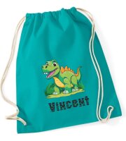 Turnbeutel, Schuhbeutel, Sportbeutel für Kinder, bedruckt Dinosaurier Rex und personalisierbar mit Namen, große Farbauswahl, Kita, Geschenk