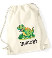 Turnbeutel, Schuhbeutel, Sportbeutel für Kinder, bedruckt Dinosaurier Rex und personalisierbar mit Namen, große Farbauswahl, Kita, Geschenk