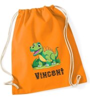 Turnbeutel, Schuhbeutel, Sportbeutel für Kinder, bedruckt Dinosaurier Rex und personalisierbar mit Namen, große Farbauswahl, Kita, Geschenk