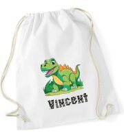 Turnbeutel, Schuhbeutel, Sportbeutel für Kinder, bedruckt Dinosaurier Rex und personalisierbar mit Namen, große Farbauswahl, Kita, Geschenk