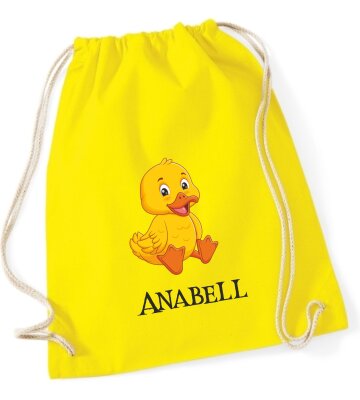 Turnbeutel, Schuhbeutel, Sportbeutel für Kinder, bedruckt Entchen und personalisierbar mit Namen, große Farbauswahl, Kita, Geschenk