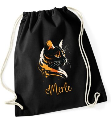 Turnbeutel, Schuhbeutel, Sportbeutel für Kinder, bedruckt mit Katzen Kopf und personalisiert mit Namen, große Farbauswahl, Kita, Geschenk #1