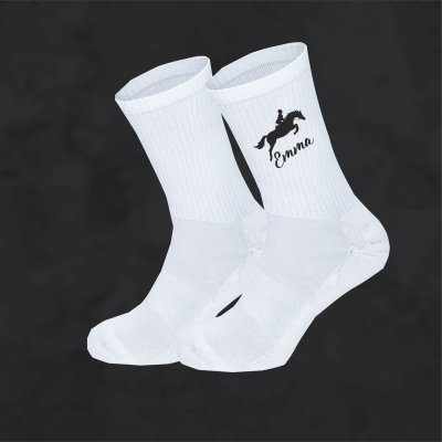 Personalisierte Socken, Geschenk für Geburtstag, Schulanfang Mädchen  - Weiße Sport Socken - Pferd -Springreiterin - Größe 32-36 - Unisex