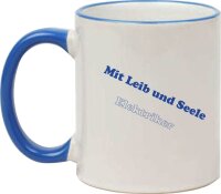Keramiktasse "Franz Josef" mit farbigen Henkel und Zunftzeichen und Spruch Elektriker