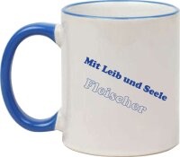 Keramiktasse "Franz Josef" mit farbigen Henkel und Zunftzeichen und Spruch Fleischer