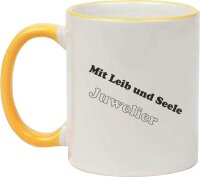Keramiktasse "Ole" mit farbigen Henkel und Zunftzeichen und Spruch Juwelier