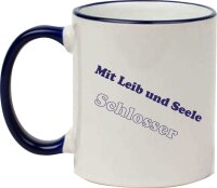 Keramiktasse "Johannes" mit farbigen Henkel und Zunftzeichen und Spruch Schlosser