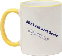 Keramiktasse "Brunhilde" mit farbigen Henkel und Zunftzeichen und Spruch Optiker