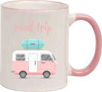 Keramik Tasse "Hannah" mit farbigen Henkel und Motivdruck Camping Bus