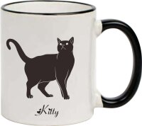 Keramik Tasse "Fynn" mit farbigen Henkel und Motivdruck Katze