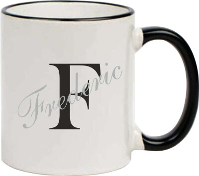 Keramik Tasse "Fynn" mit schwarzen Henkel und Buchstabe sowie Name