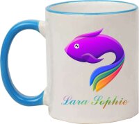 Keramik Tasse "Franzi" mit farbigen Henkel und Motiv Regenbogenfisch