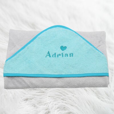 Kapuzenhandtuch für Babys/unisex, türkis-grau, Größe ca. 100 x 100 cm, Motiv Herz, Frottee in Baumwolle, bestickt personalisierbar mit Namen