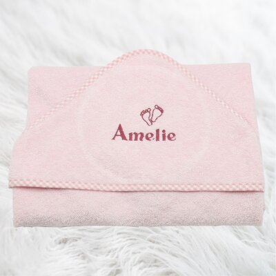 Kapuzenhandtuch für Babys/Mädchen, rosa, Größe ca. 80 x 80 cm, Motiv Füße, Frottee in Baumwolle, bestickt personalisierbar mit Namen