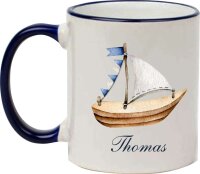 Keramik Tasse "Johannes" mit farbigen Henkel und Motivdruck Segelboote
