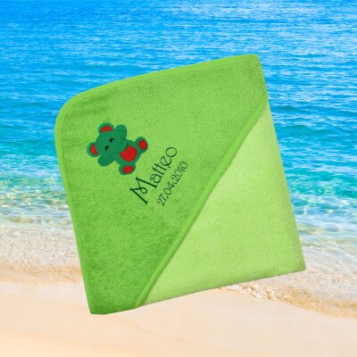 Kapuzenhandtuch für Babys/Jungen, hellgrün, Größe ca. 80 x 80 cm, Motiv Elefant, Frottee in Baumwolle, bestickt personalisierbar mit Namen