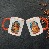 Keramik Tasse "Mona" mit  farbigen Henkel und Motivdruck Halloween Teddy