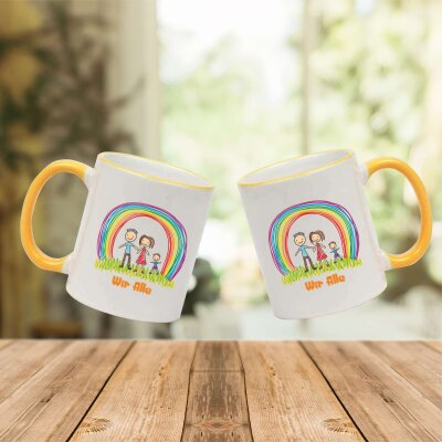 Keramik Tasse "Ole" mit farbigen Henkel und Motivdruck Regenbogenfamilie personalisierbar