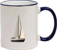Keramik Tasse "Johannes" mit farbigen Henkel und Motivdruck Möwe und Boot