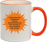 Keramik Tasse "Mona" mit  farbigen Henkel und Spruch Gynäkologe