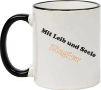 Keramiktasse "Fynn" mit farbigen Henkel und Zunftzeichen und Spruch Ziegler