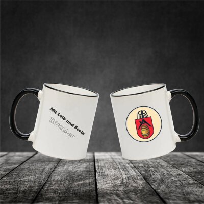 Keramiktasse "Fynn" mit farbigen Henkel und Zunftzeichen und Spruch Bergmann