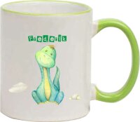 Keramik Tasse "Karl" mit farbigen Henkel und Motivdruck Dino Baby in pastellgrün personalisierbar