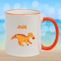 Keramik Tasse "Mona" mit farbigen Henkel und Motivdruck Dino orange personalisierbar