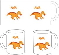 Keramik Tasse "Mona" mit farbigen Henkel und Motivdruck Dino orange personalisierbar