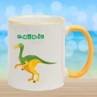 Keramik Tasse "Ole" mit farbigen Henkel und Motivdruck Dino gelbgrün personalisierbar