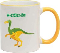 Keramik Tasse "Ole" mit farbigen Henkel und Motivdruck Dino gelbgrün personalisierbar