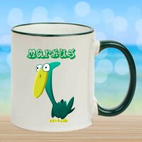 Keramik Tasse "Egon" mit farbigen Henkel und Motivdruck Dino Vogel personalisierbar