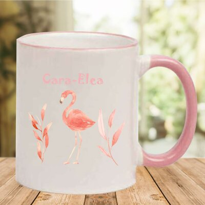 Keramik Tasse "Hannah" mit farbigen Henkel und Motivdruck Rosa Flamingo personalisierbar