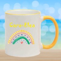 Keramik Tasse "Ole" mit farbigen Henkel und Motivdruck Regenbogen gelb personalisierbar