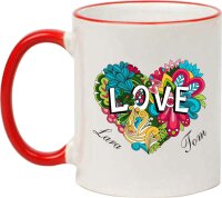 Keramik Tasse "Alberta" mit farbigen Henkel und Motivdruck Liebeserklärung personalisierbar
