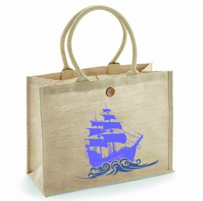 Tasche Beige mit Motiv Segelschiff Violett