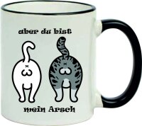 Keramik Tasse "Fynn" mit  farbigen Henkel und Motiv Katzen Arsch