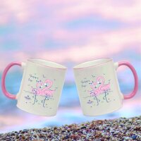 Keramik Tasse "Hannah" mit  farbigen Henkel und Motiv Flamingos an Küste
