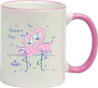 Keramik Tasse "Hannah" mit  farbigen Henkel und Motiv Flamingos an Küste
